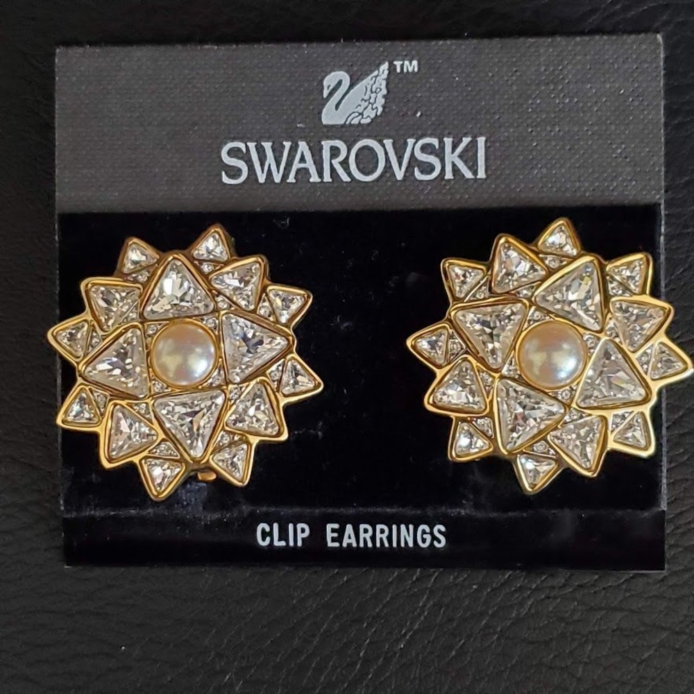 Swarovski Vintage Gold Tone Crystal Pearl Starburst Clip On Earrings Swan Signed